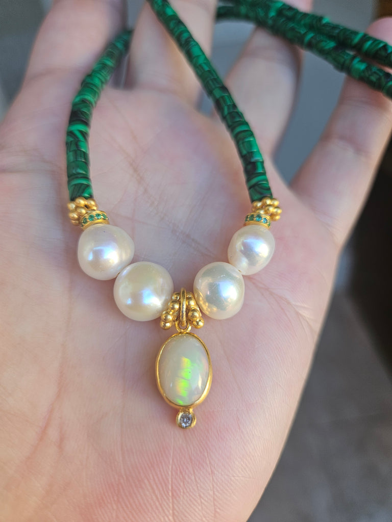 Malachite, Freshwater Pearls, Ethiopian Opal Handmade 18K 24K Fine Gemstone Necklace 18"