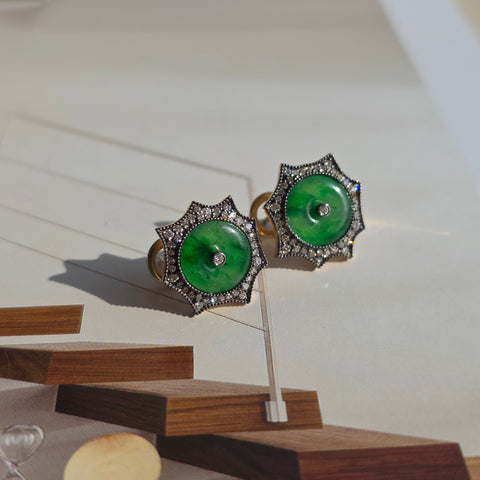 14k Yellow Gold Burmese Jadeite Donut Diamond Earrings | Indulgems