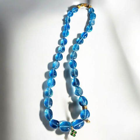 18k Solid Gold Genuine Aquamarine Large Gemstone Nugget Necklace with Natural Top Quality Jade Clover Charm 18"