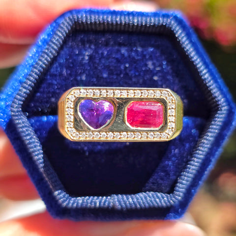 14k Yellow Gold Winza Parti Sapphire Heart & Mahenge Spinel Two Stone Signet Ring Size 10 | Indulgems | Duality