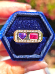 14k Yellow Gold Winza Parti Sapphire Heart & Mahenge Spinel Two Stone Signet Ring Size 10 | Indulgems | Duality