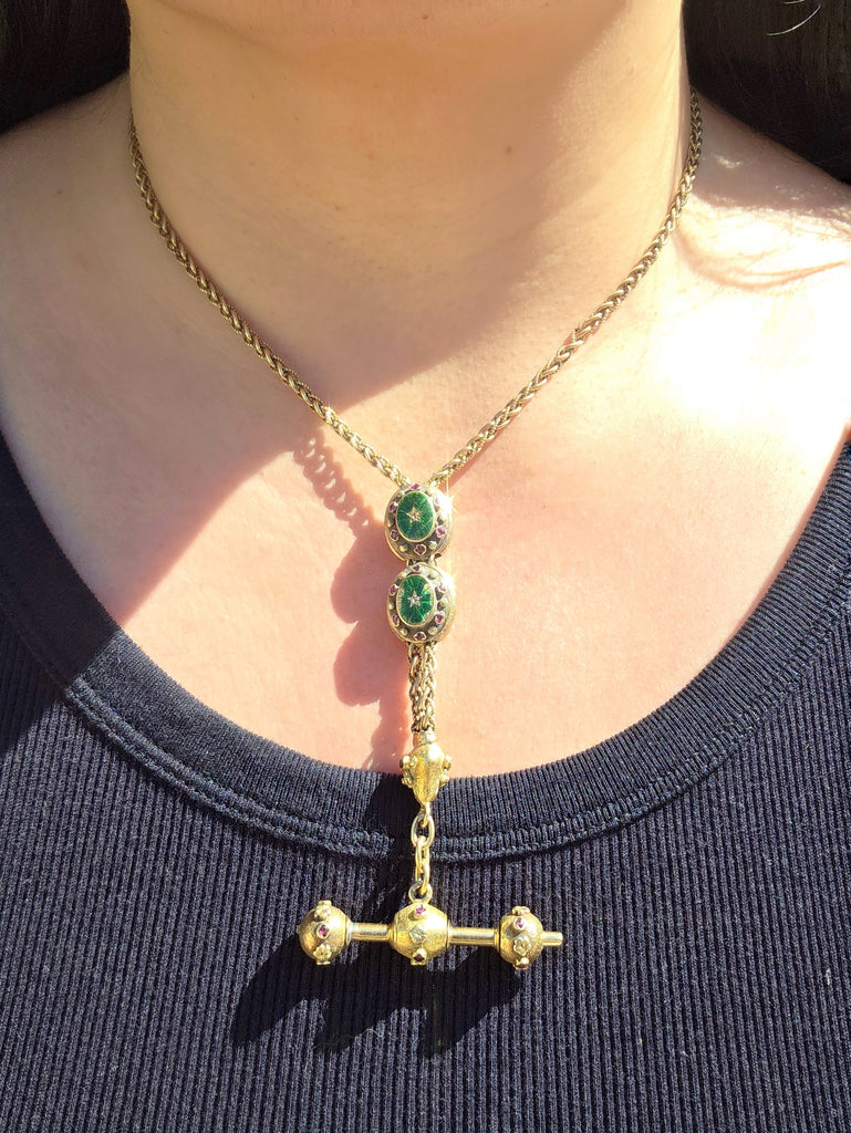 18k Solid Gold Green Enameled Watch Chain Necklace with Ruby Accent | Indulgems | Antique Revival