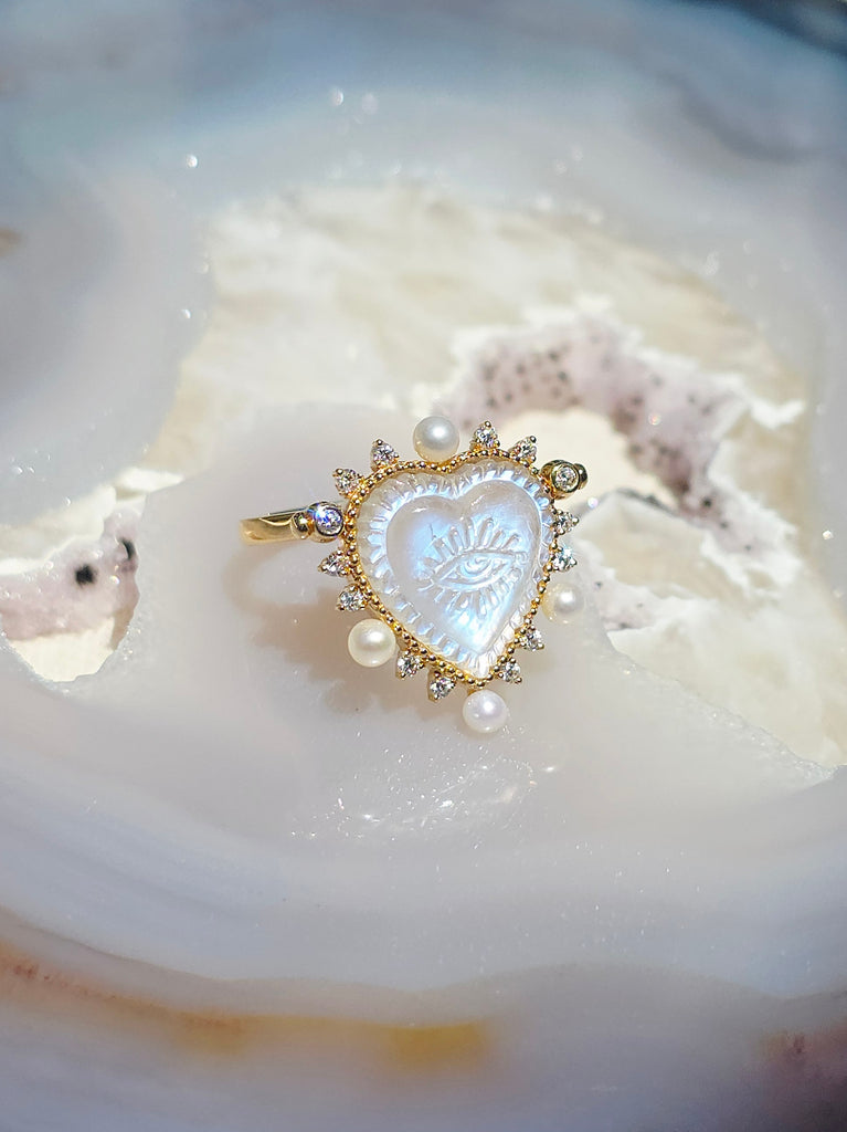 18k Solid Gold Handcarved Rainbow Moonstone All-seeing Eye Motif Heart Ring Pendant | Indulgems | Designs in Real Gold