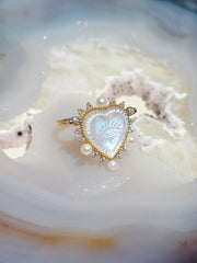 18k Solid Gold Handcarved Rainbow Moonstone All-seeing Eye Motif Heart Ring Pendant | Indulgems | Designs in Real Gold