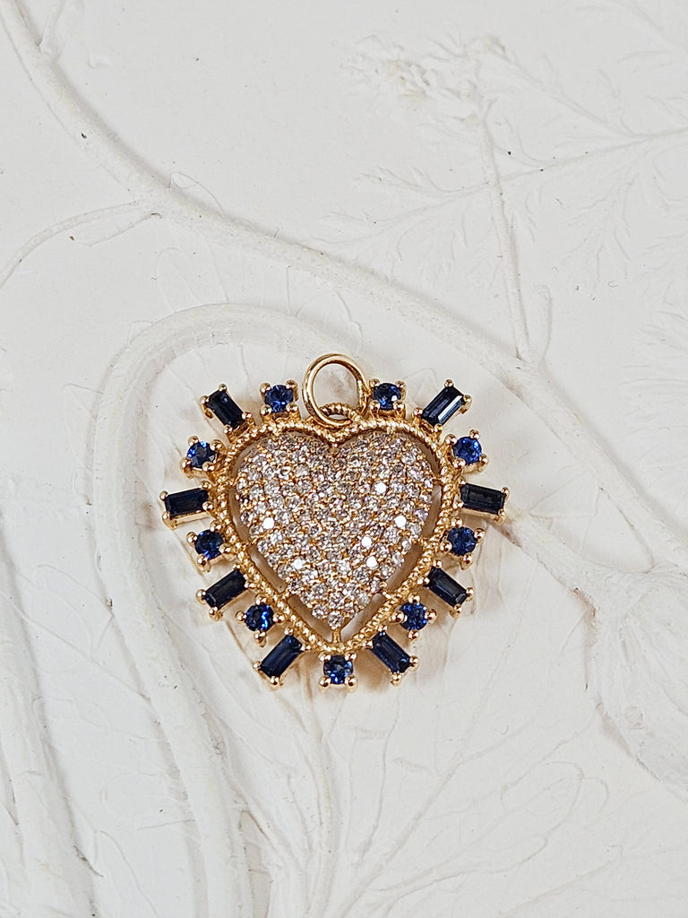 Blue Sapphire, Diamond Pave Heart Gemstone 14K Yellow Gold Pendant Charm