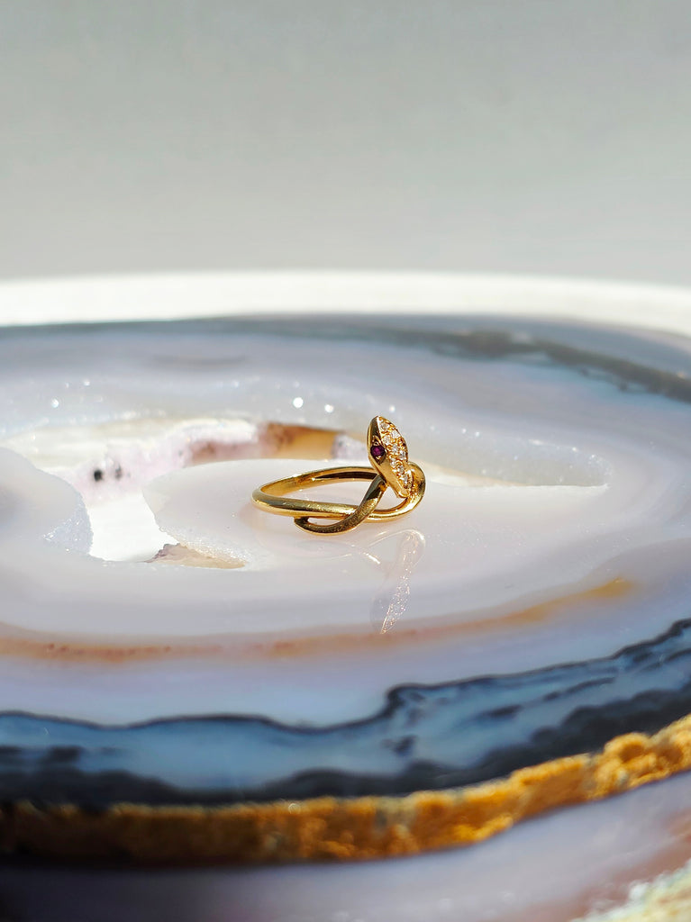 18K Solid Yellow Gold Antique Snake Ring with Diamond and Ruby Size 6.5 | Antique Jewelry | Indulgems | Designs in Real Gold
