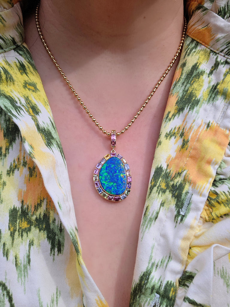 14k Yellow Gold Opal & Fancy Sapphire Pendant | Indulgems