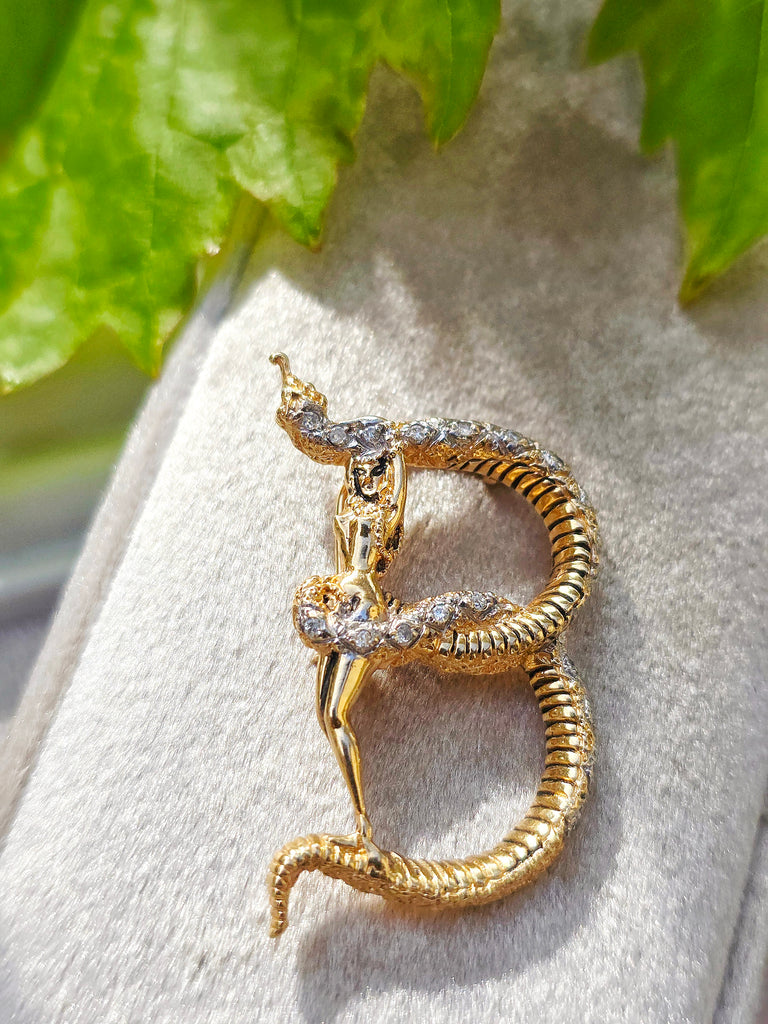 14k Gold Vintage Diamond Accent Lady with a Snake Serpent Initial B Brooch Pendant | Indulgems