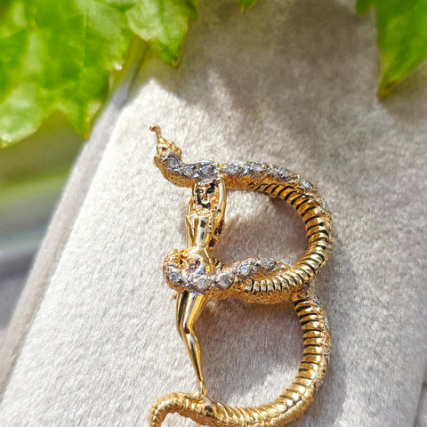 14k Gold Vintage Diamond Accent Lady with a Snake Serpent Initial B Brooch Pendant | Indulgems