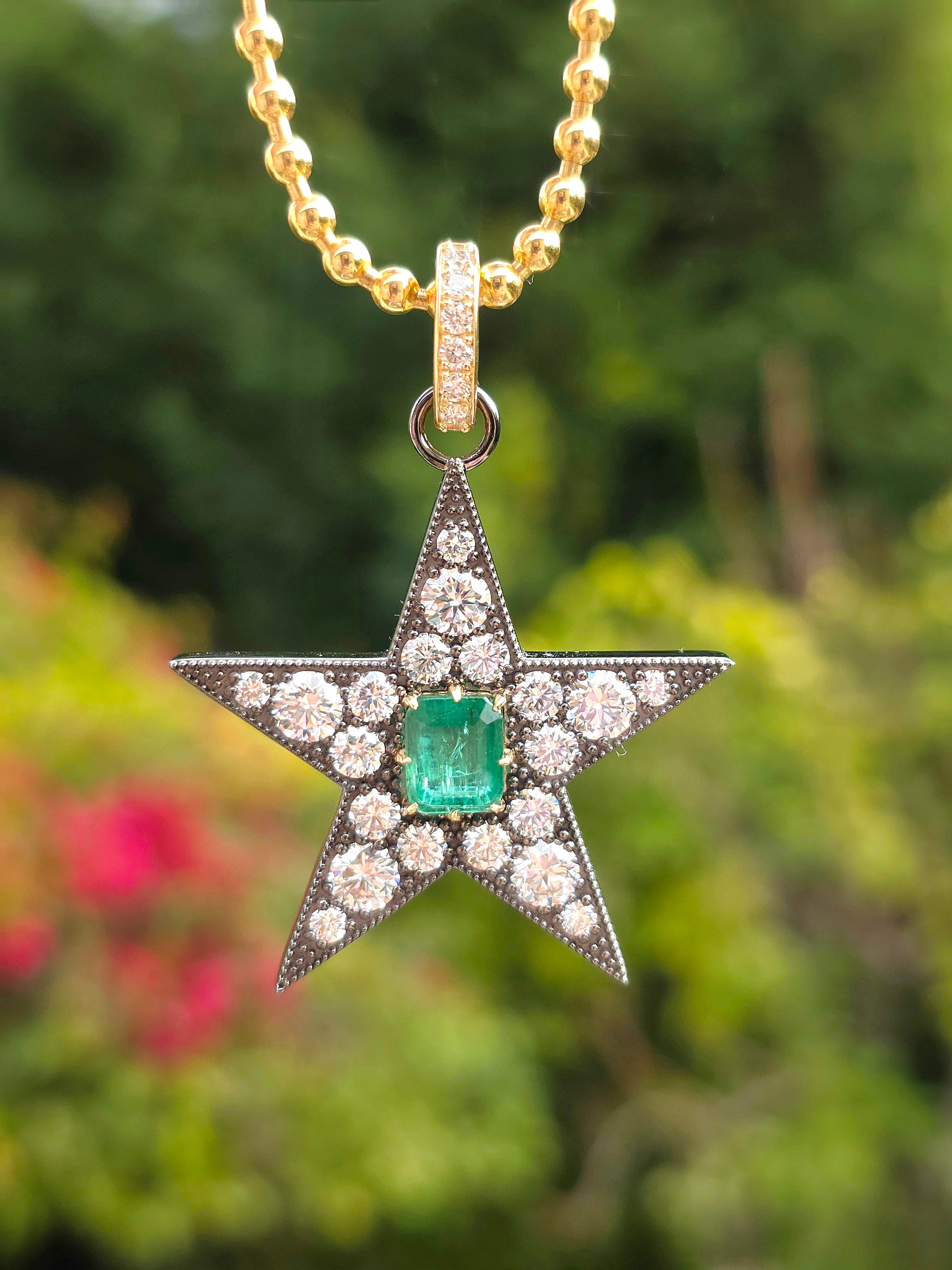 14k Yellow Gold & Platinum XL Star Pendant with Zambian Emerald | Indulgems