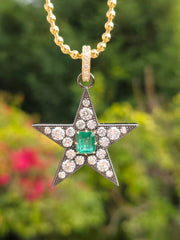 14k Yellow Gold & Platinum XL Star Pendant with Zambian Emerald | Indulgems