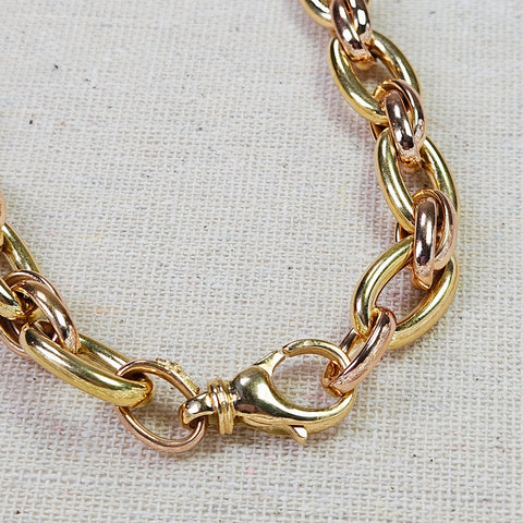 Vintage 18K Yellow Rose Two Tone Gold Chunky Oval Link Necklace Chain 17"