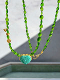 18K Yellow Gold Natural Green Gemstone Chrome Diopside Faceted Bead Necklace with Genuine Top Quality Turquoise Hand Carved Heart Pendant 17"