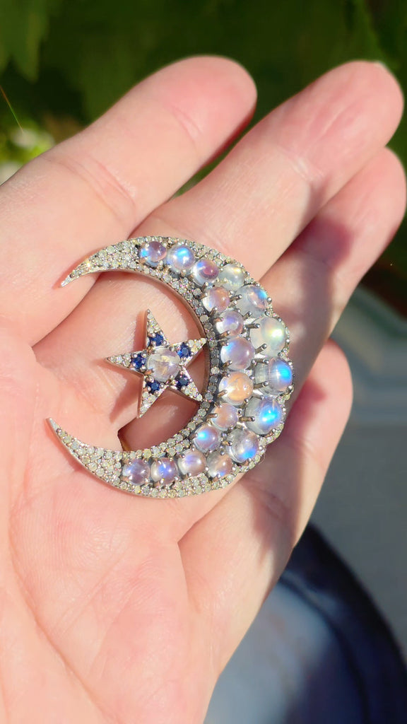 14k Gold and Silver Vintage Rainbow Moonstone, Sapphire & Diamond Statement Crescent Star Brooch | Indulgems