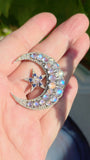 14k Gold and Silver Vintage Rainbow Moonstone, Sapphire & Diamond Statement Crescent Star Brooch | Indulgems
