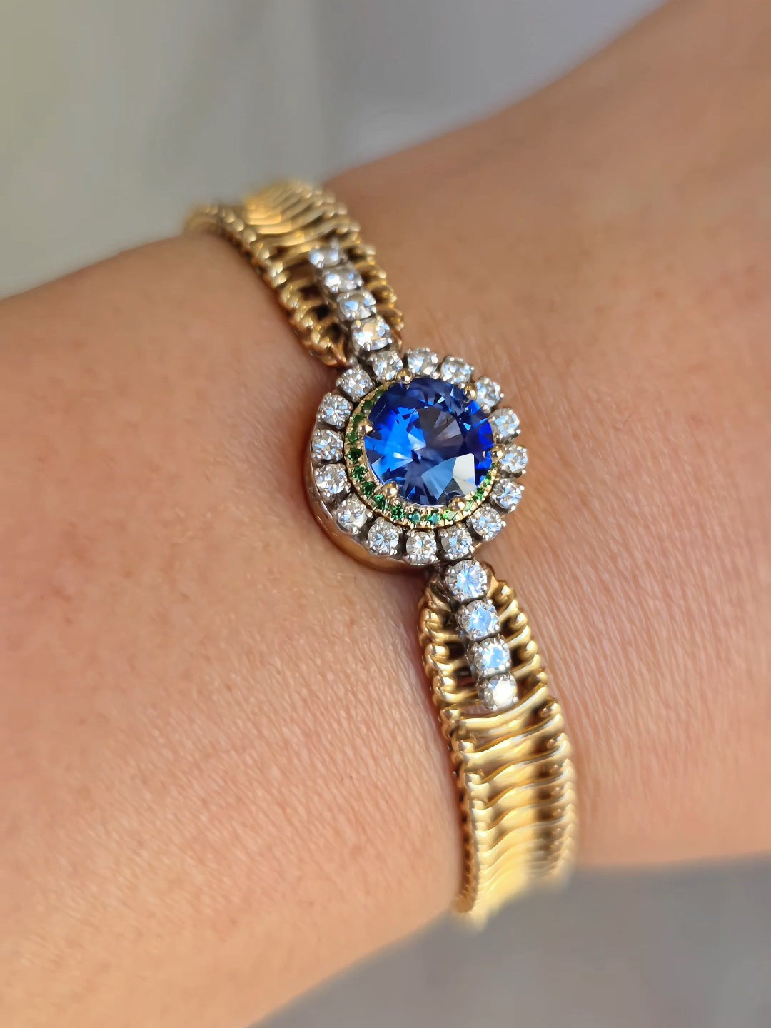 18k Solid Gold Vintage Jaeger Lecoultre Watch Ceylon Sapphire Bracelet | Indulgems