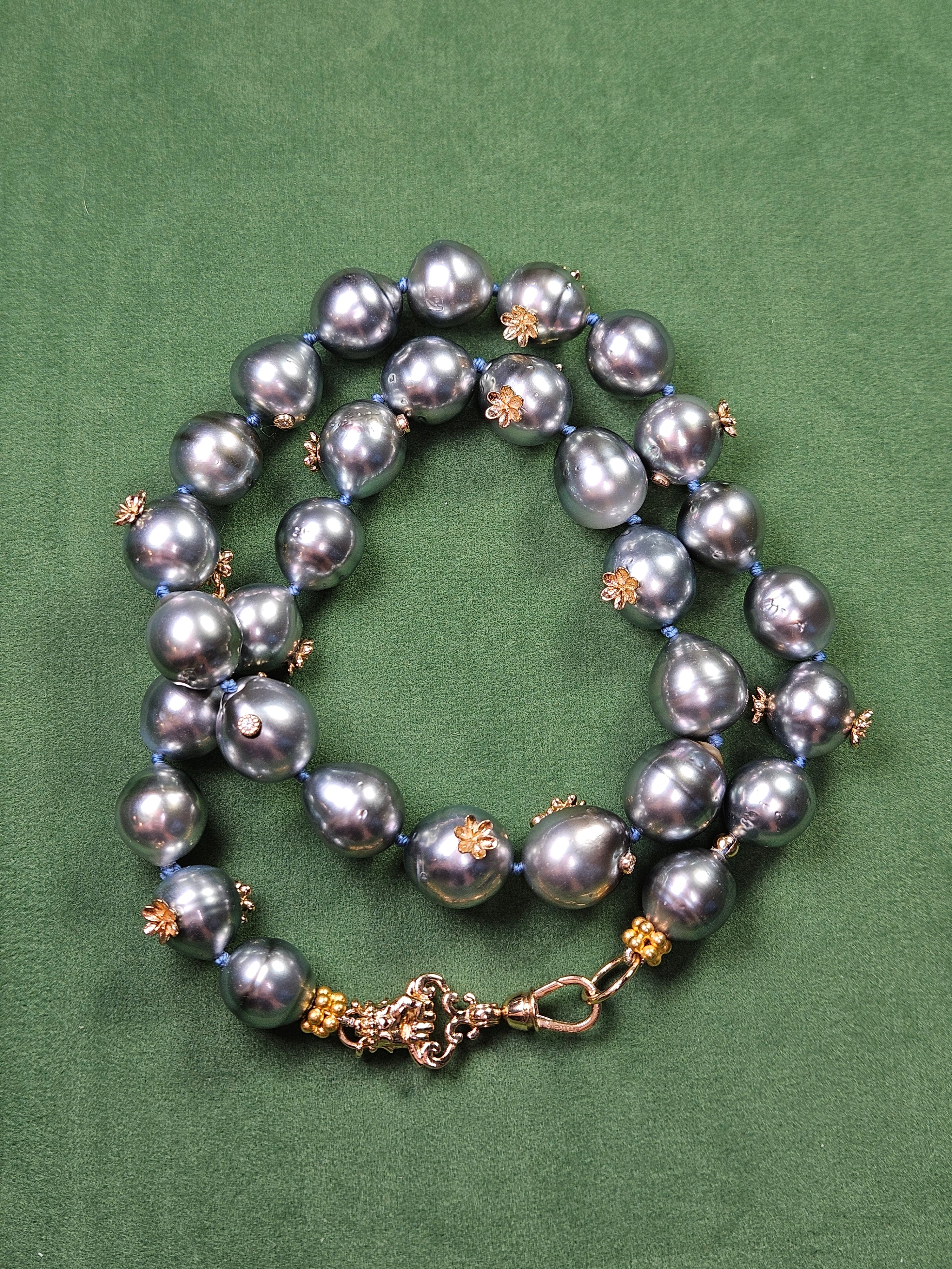 18K Solid Gold Natural Silver Tahitian Pearl Necklace with Small Flowers, Diamonds & Antique inspired Hand Fist Clasp 18"