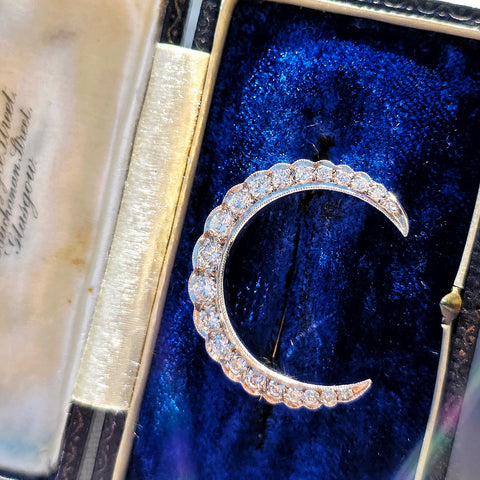 14k Gold Diamond Crescent Moon Brooch | Indulgems