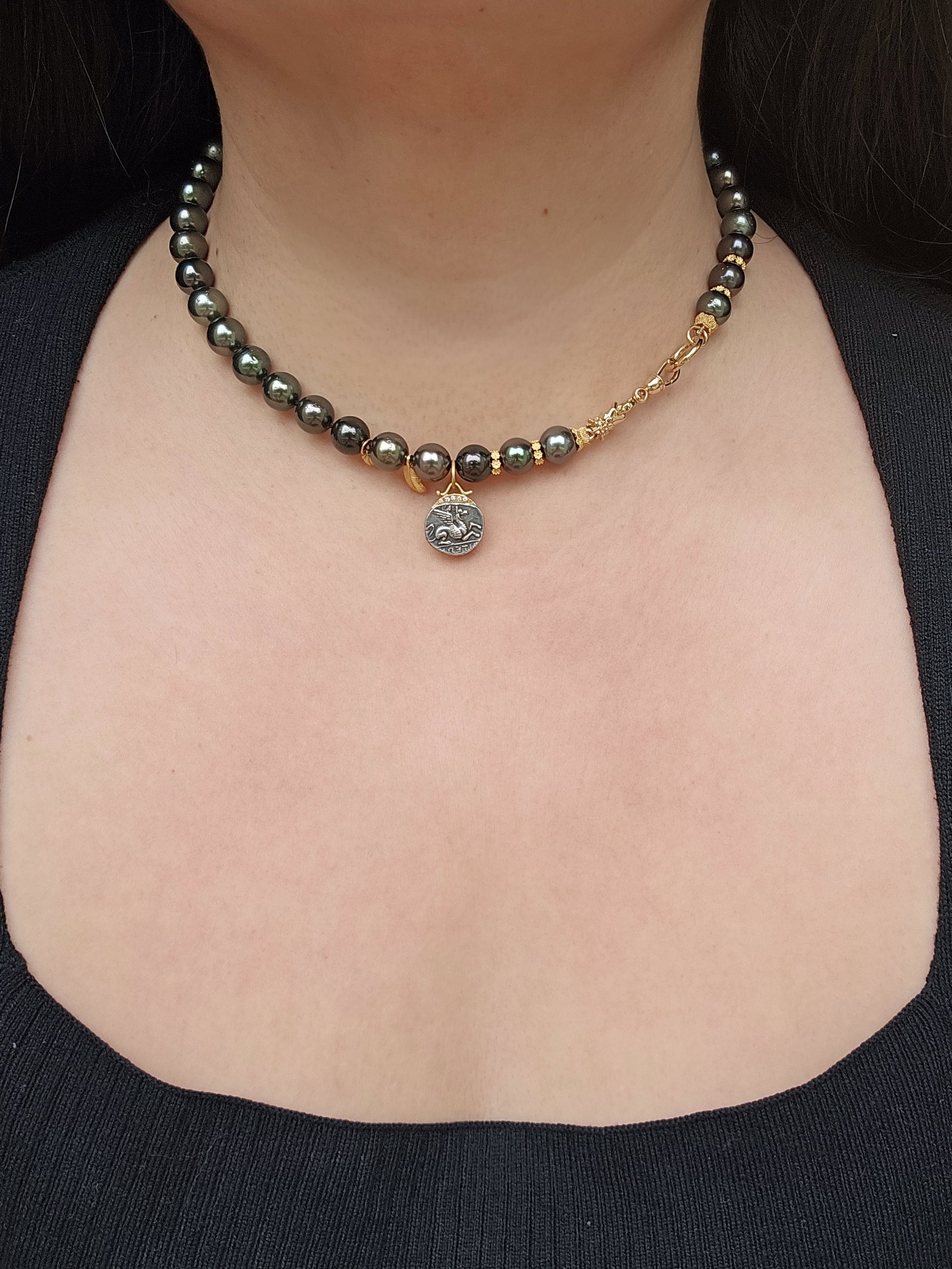 18k Solid Gold Tahitian Pearl Necklace with 3 Charms Oxidized Sterling Silver Coin in 24k Gold