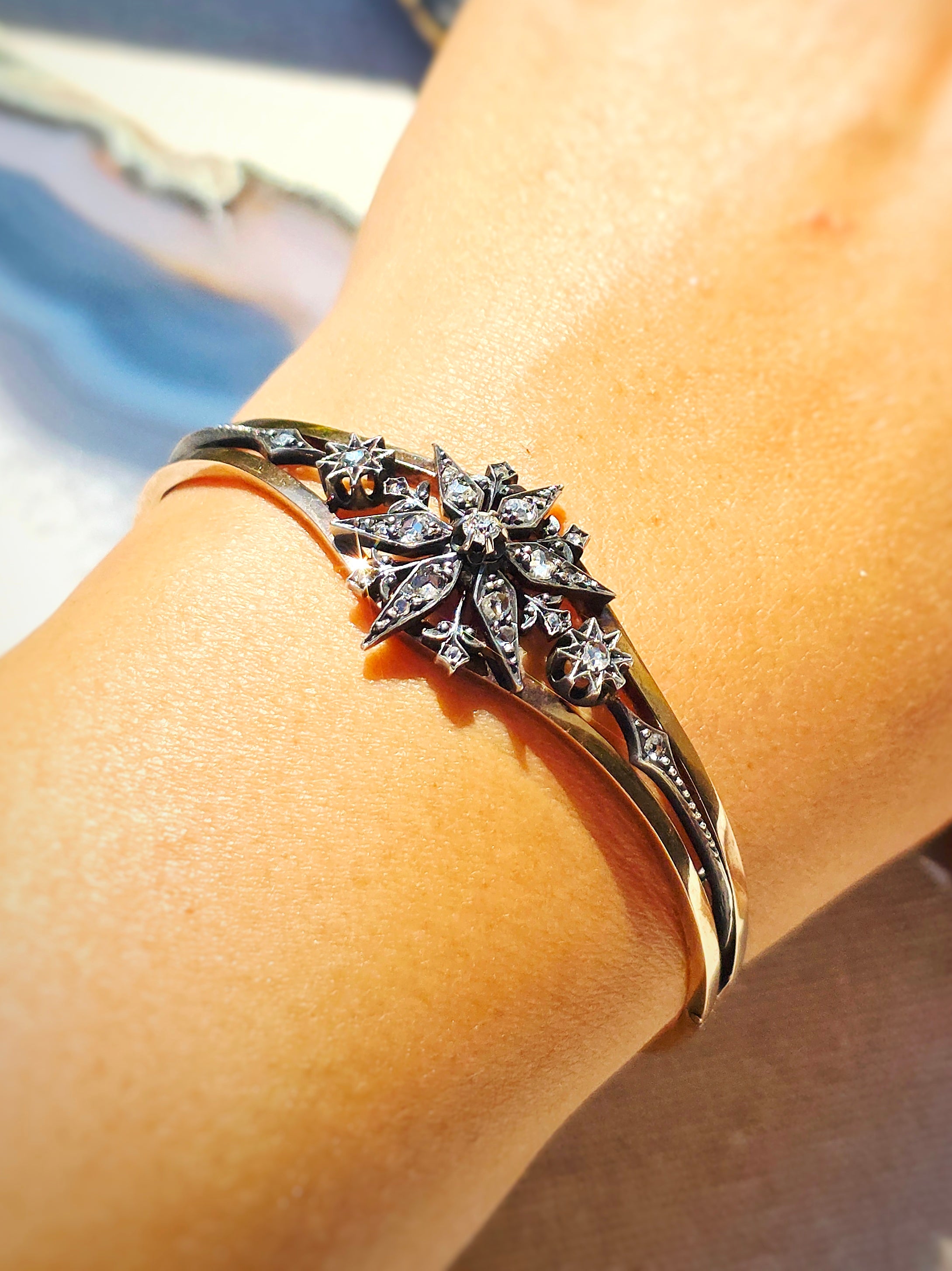 18K Rose Gold & Silver Antique Rose Cut Diamond Star Motif Bangle Bracelet | Indulgems | Designs in Real Gold