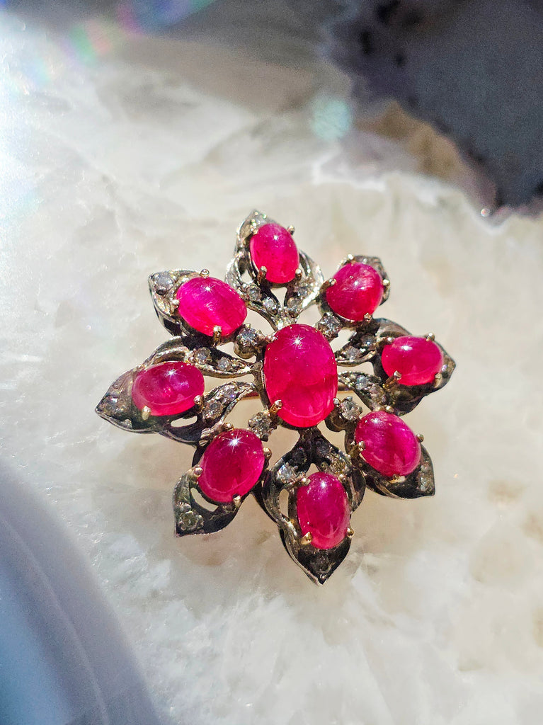 14k Gold & Silver Antique Ruby Cabochon Diamond Brooch | Indulgems