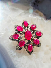 14k Gold & Silver Antique Ruby Cabochon Diamond Brooch | Indulgems