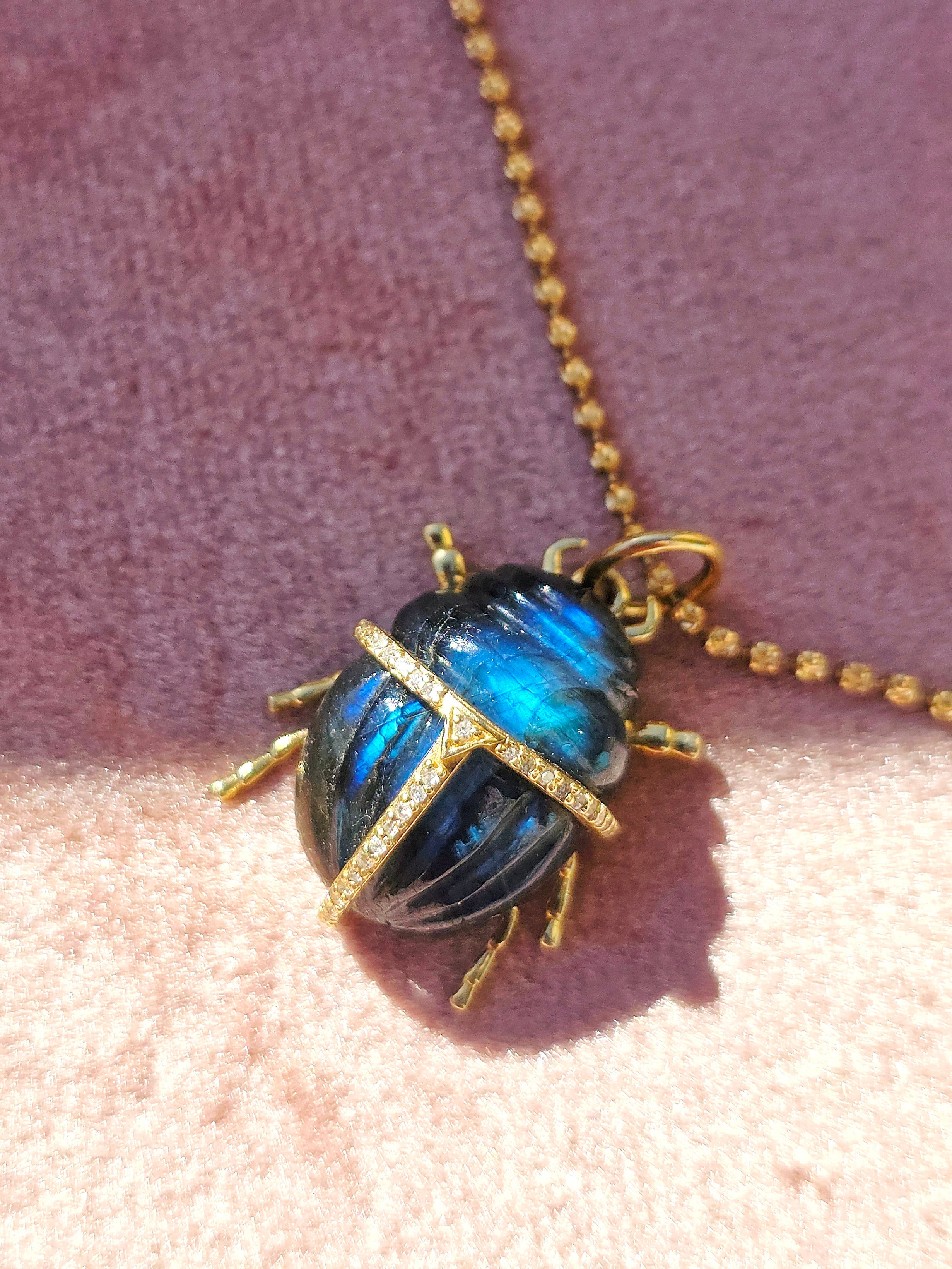 14k Yellow Gold Gemstone Carving Scarab Beetle Charm Pendant with Diamond Accent | Indulgems