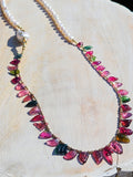 14K Yellow Gold Hand Carved Pink & Green Tourmaline Leaves, Freshwater Baroque Pearl Gemstone Halfsie Necklace 24"