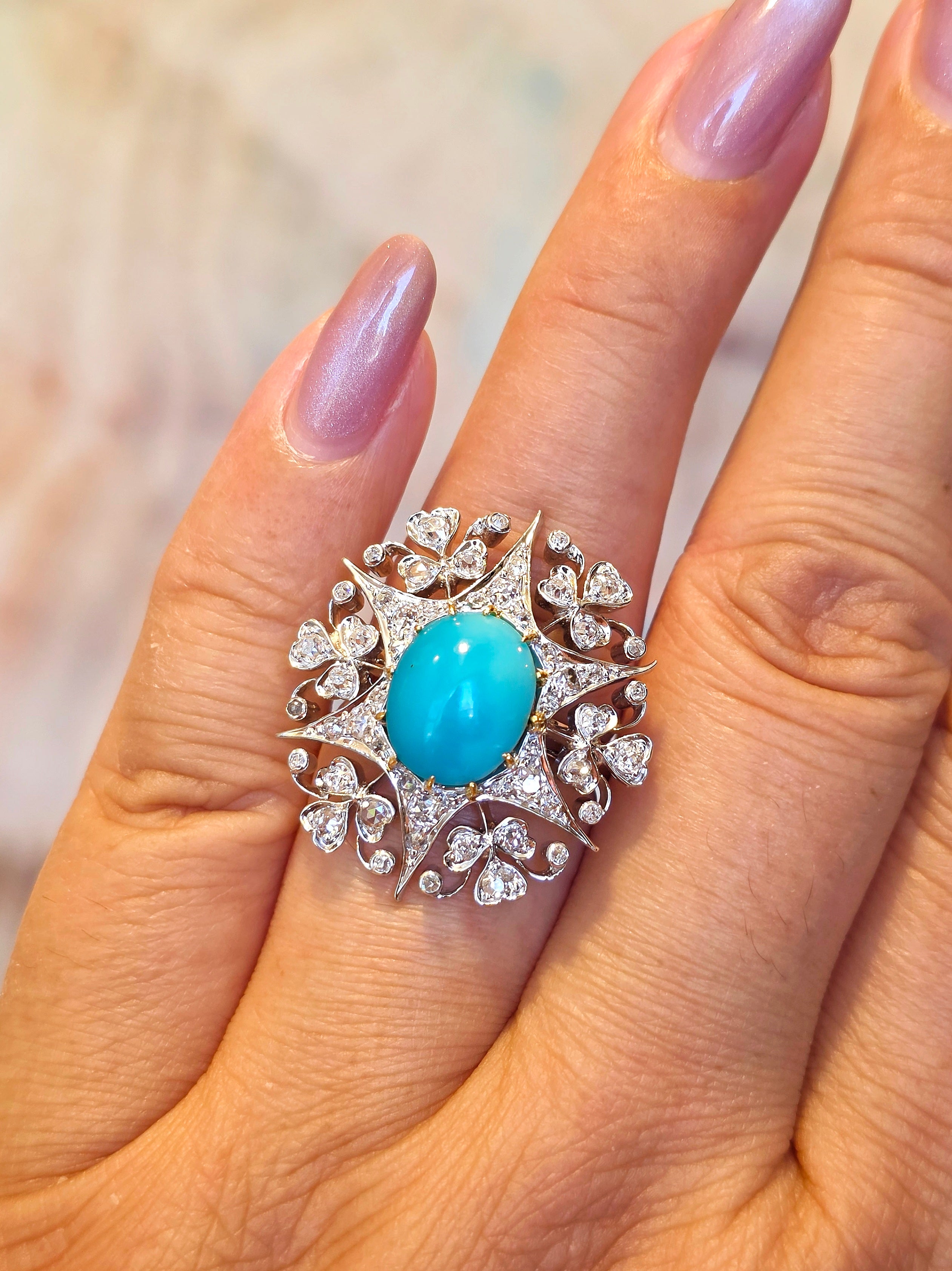 18k Solid Gold & Silver Turquoise & Diamond Ring  Size 8 | Indulgems | Antique Revival