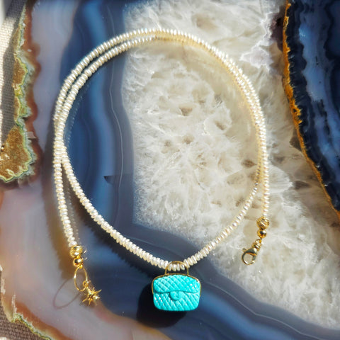 14K Yellow Gold Hand Carved Top Quality Turquoise Gemstone Purse Handbag Charm on Tiny Freshwater Pearl Necklace 17"