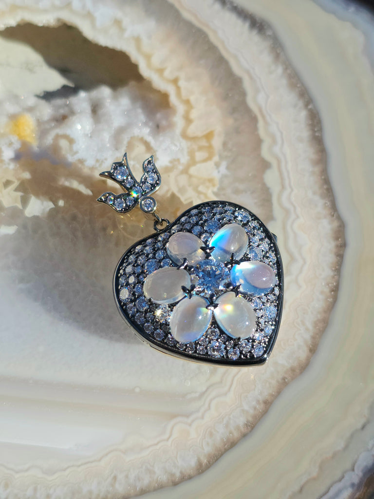 14k Yellow Gold & Sterling Silver Rainbow Moonstone Lab-grown Diamond Heart Locket Pendant | Indulgems