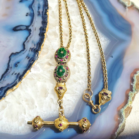 18k Solid Gold Green Enameled Watch Chain Necklace with Ruby Accent | Indulgems | Antique Revival