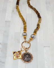 Natural Cognac Quartz Faceted Sugar Cubes & Tahitian Pearl 18K Gold Necklace 17"