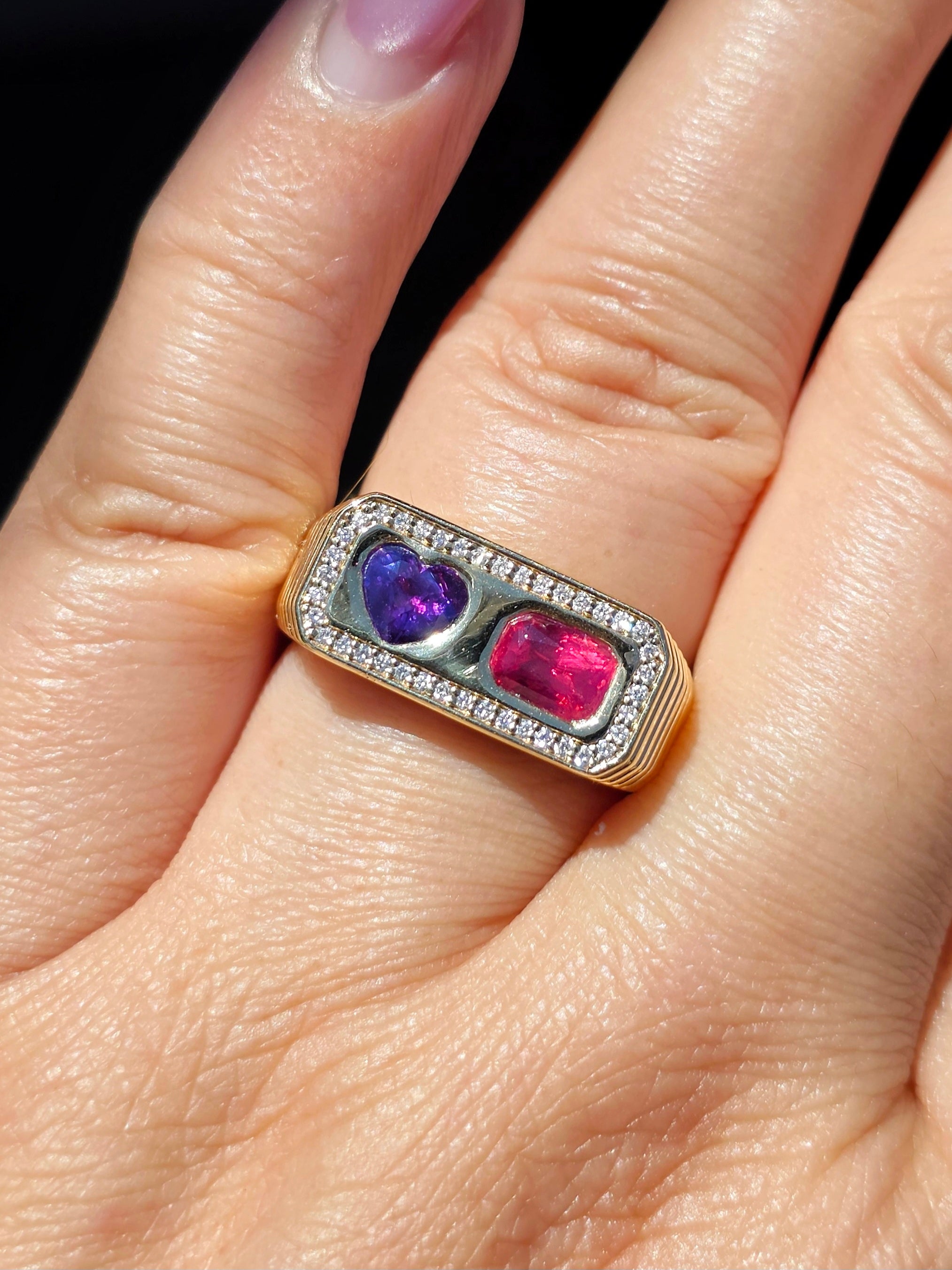 14k Yellow Gold Winza Parti Sapphire Heart & Mahenge Spinel Two Stone Signet Ring Size 10 | Indulgems | Duality