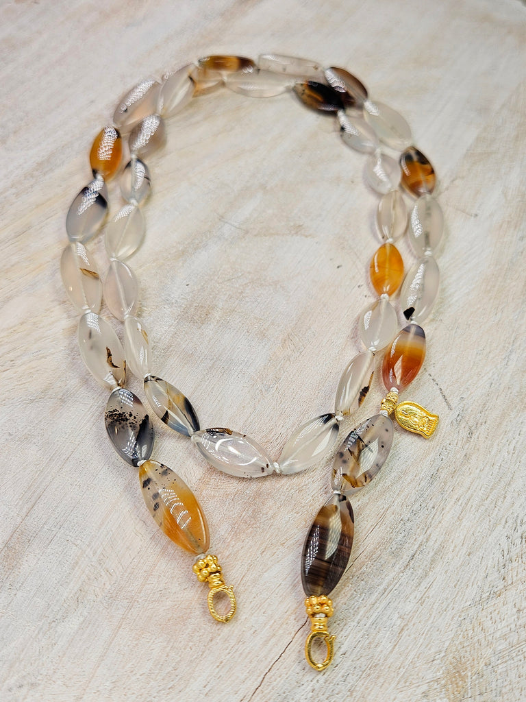 Natural Montana Agate Gemstone Silk Knotted 18K Yellow Gold Long Necklace 30"