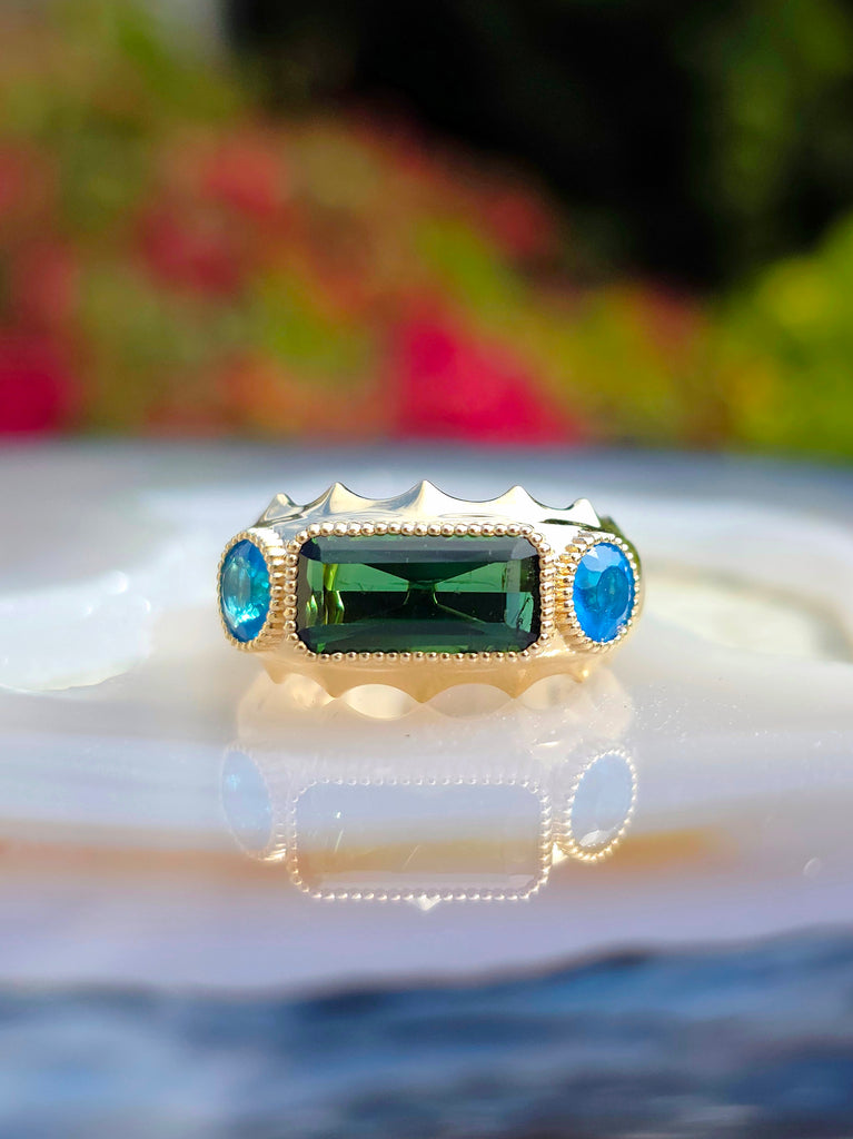 14k Yellow Gold Green Tourmaline & Neon Apatite Gemstone Band Ring Size 8 | Indulgems | Aurora