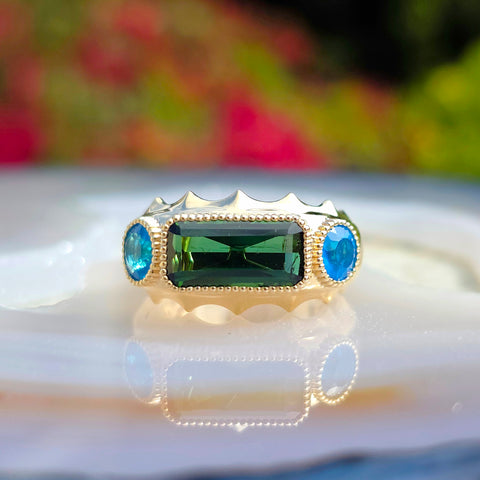 14k Yellow Gold Green Tourmaline & Neon Apatite Gemstone Band Ring Size 8 | Indulgems | Aurora