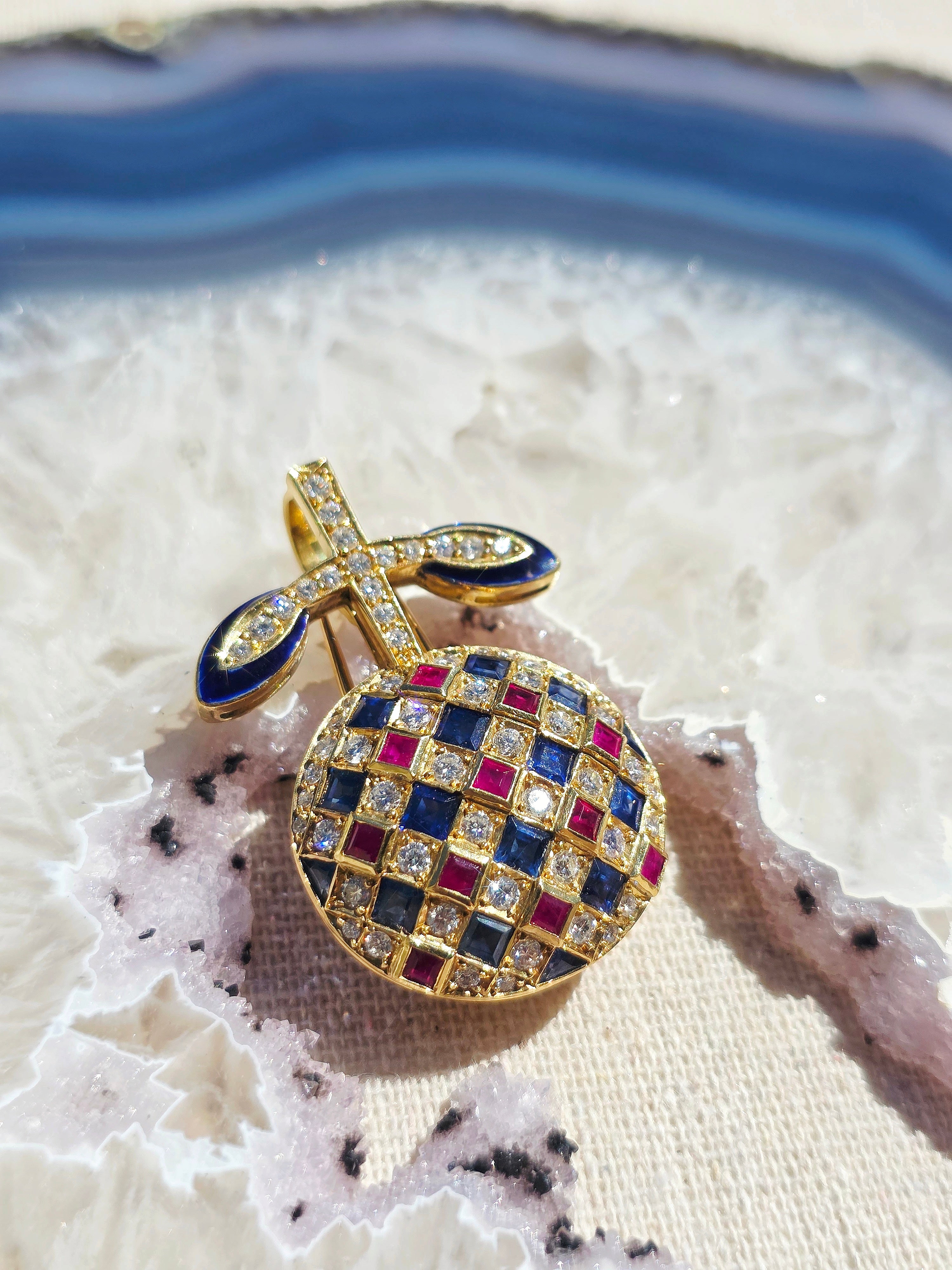 18k Solid Gold Vintage Diamond Ruby Sapphire Fruit Brooch Pendant | Indulgems | Apple Cherry Pomegranate
