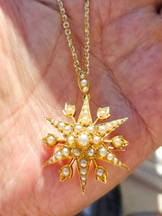18k Solid Gold Pearl Studded 6 Point Star Pendant Brooch  | Indulgems