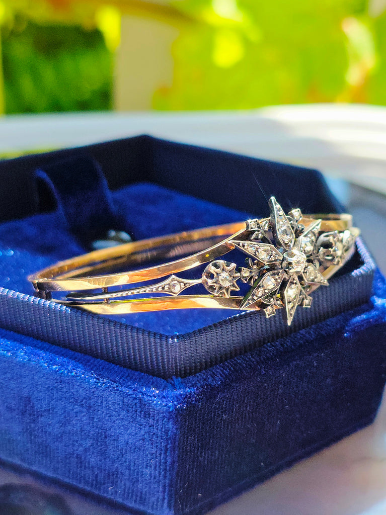 18K Rose Gold & Silver Antique Rose Cut Diamond Star Motif Bangle Bracelet | Indulgems | Designs in Real Gold