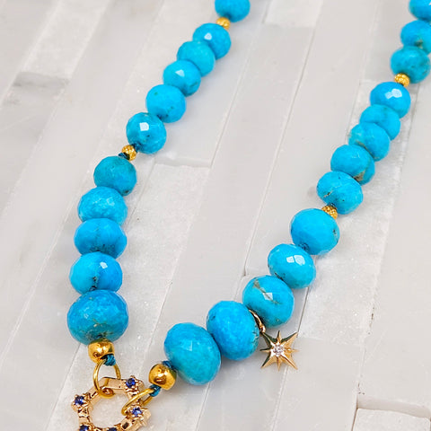 Natural Sleeping Beauty Turquoise Gold Necklace with Blue Sapphire Connector Clasp