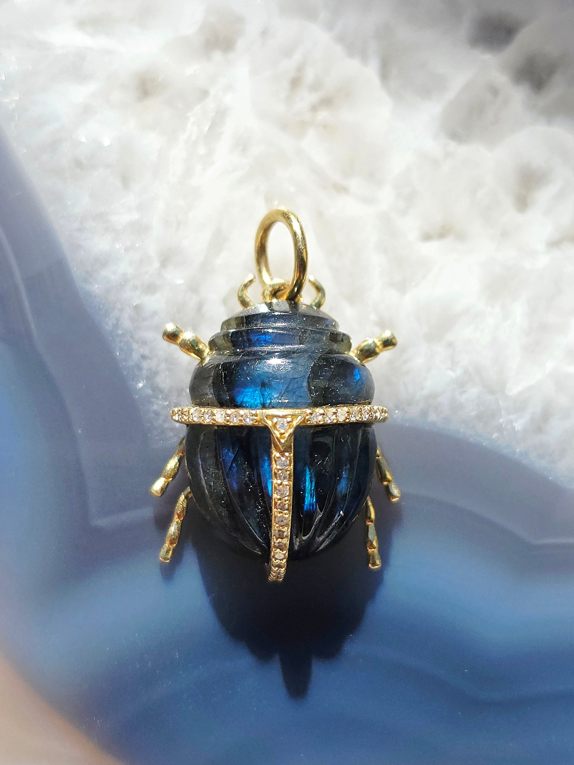 14k Yellow Gold Gemstone Carving Scarab Beetle Charm Pendant with Diamond Accent | Indulgems