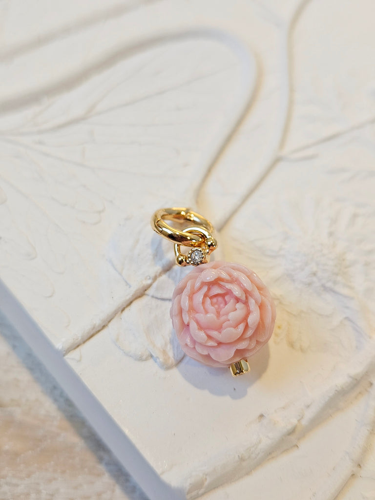 18K Solid Gold Hand Carved Pink Opal Peony Flower Ball Charm Pendant