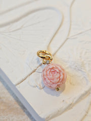 18K Solid Gold Hand Carved Pink Opal Peony Flower Ball Charm Pendant