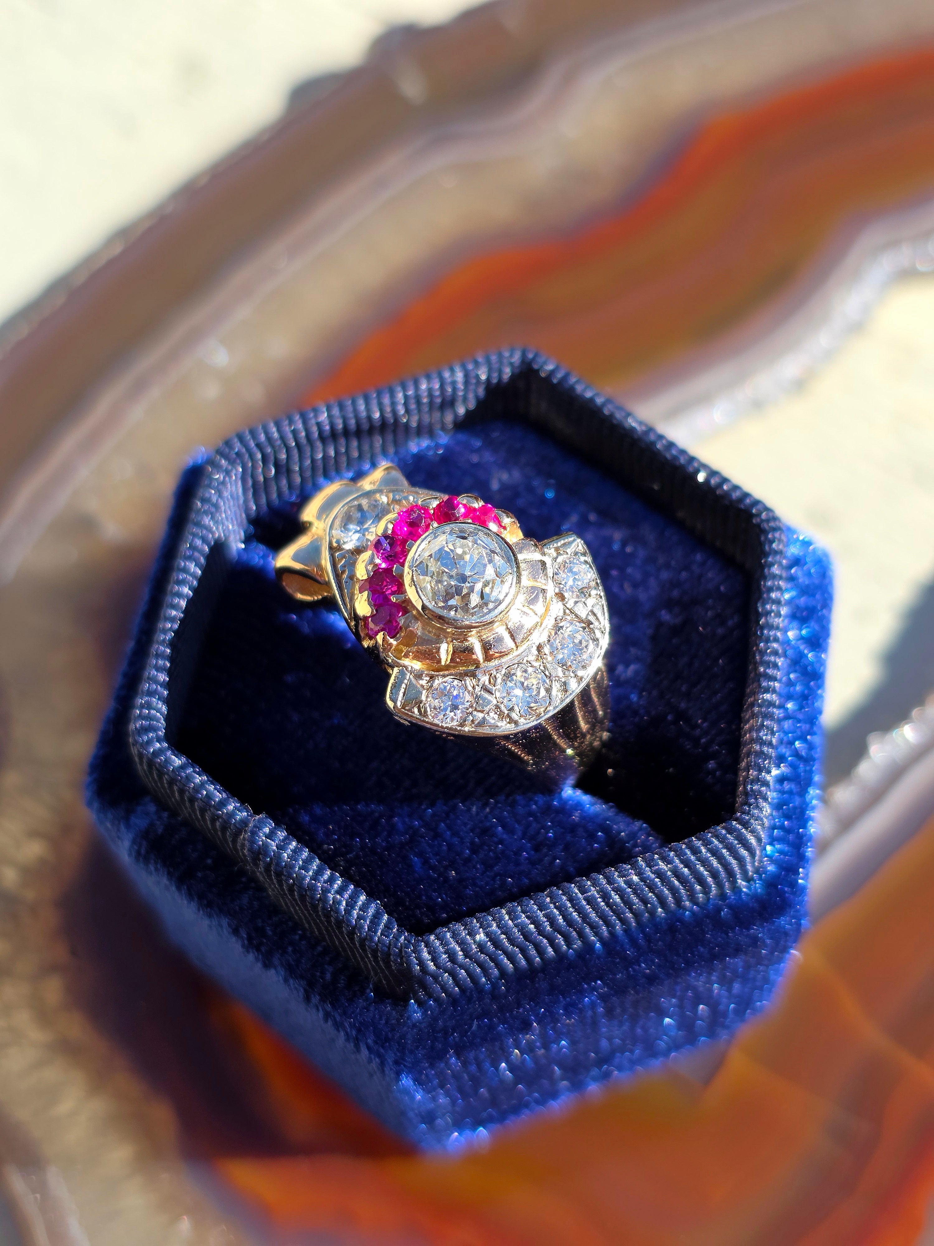14k Yellow Gold Old Cut Diamond Ruby Tank Ring | Indulgems | Vintage