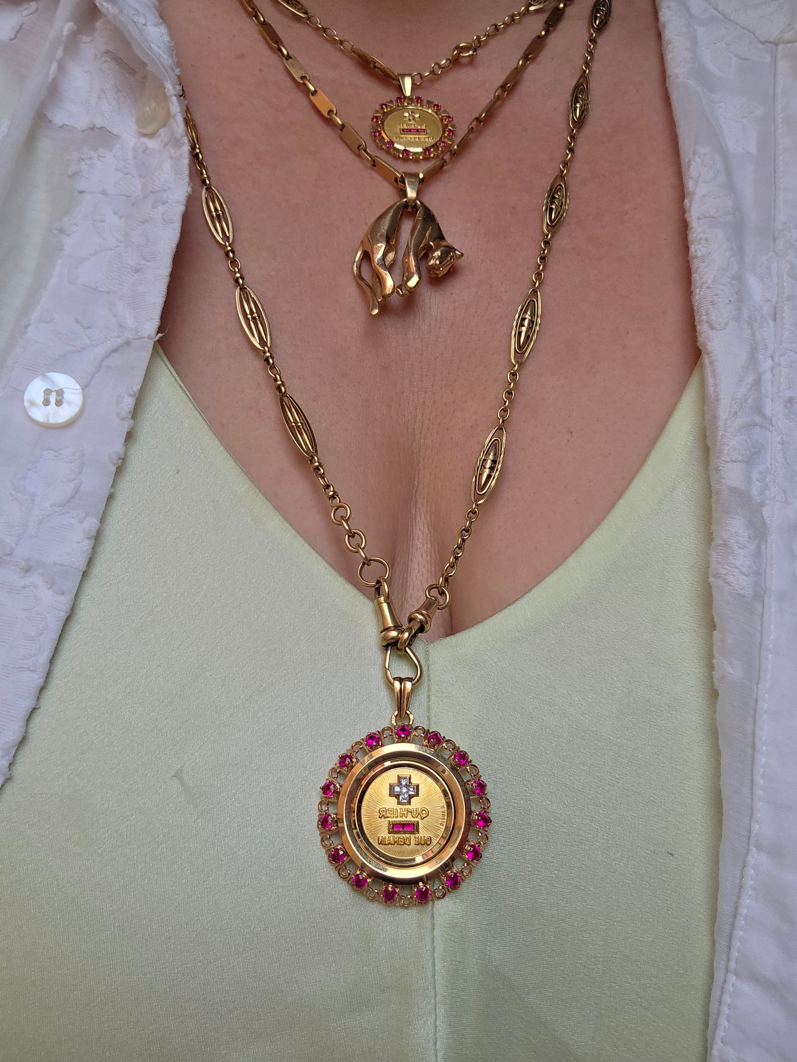 18k Solid Gold Signed Authentic Augis Love Medal Pendant Grande Model with Ruby | Indulgems