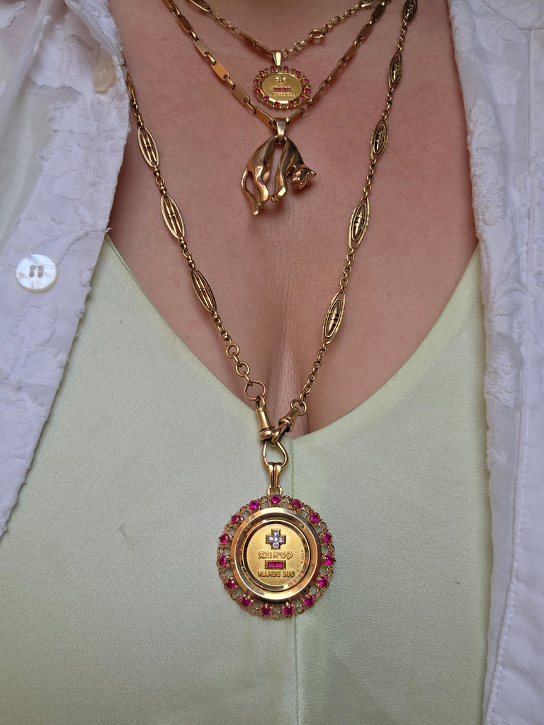 18k Solid Gold Signed Authentic Augis Love Medal Pendant Grande Model with Ruby | Indulgems