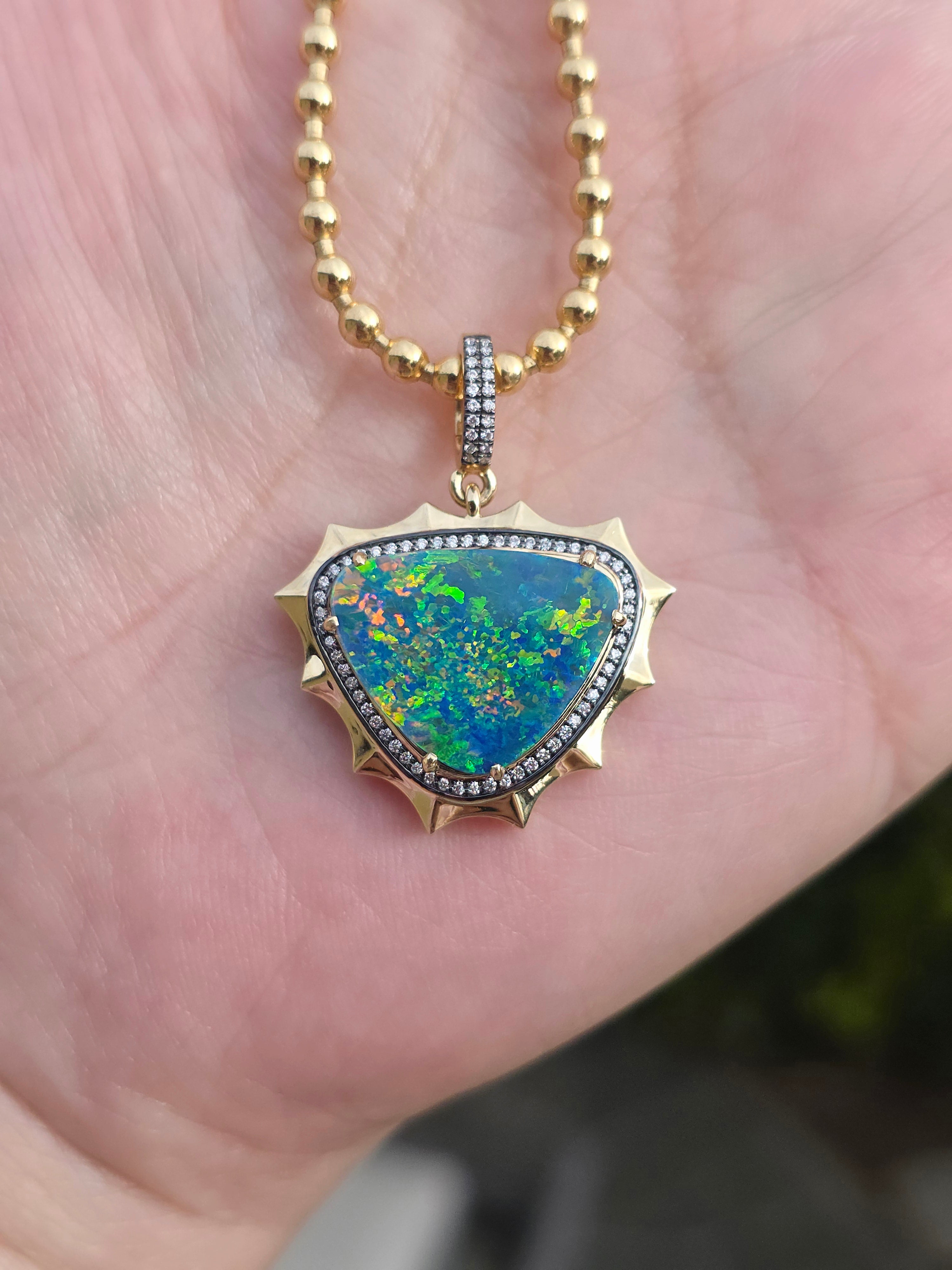 14k Yellow Gold Aurora Halo Australian Opal Pendant | Indulgems