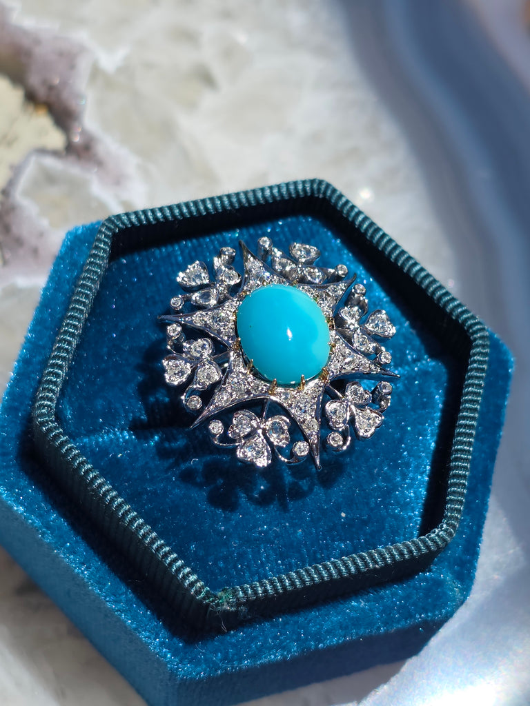 18k Solid Gold & Silver Turquoise & Diamond Ring  Size 8 | Indulgems | Antique Revival