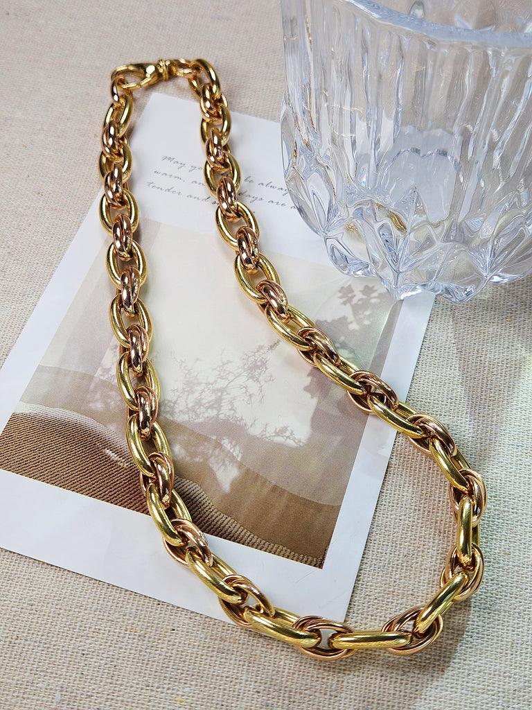 Vintage 18K Yellow Rose Two Tone Gold Chunky Oval Link Necklace Chain 17"